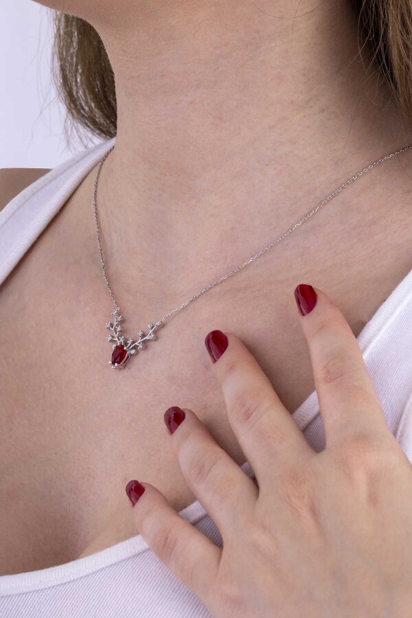 Yakut Renkli Tasarım Gümüş Kolye - Gümüş Pazarım