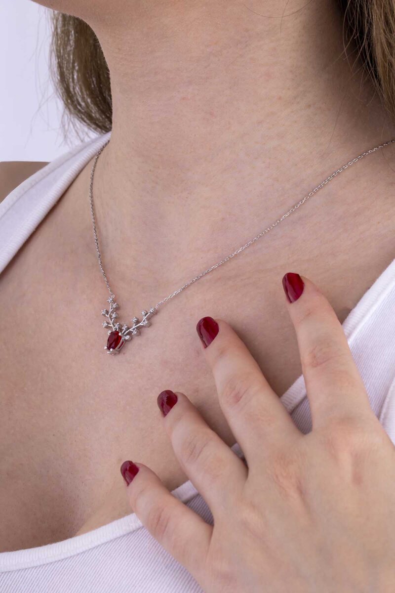 Yakut Renkli Tasarım Gümüş Kolye - 1