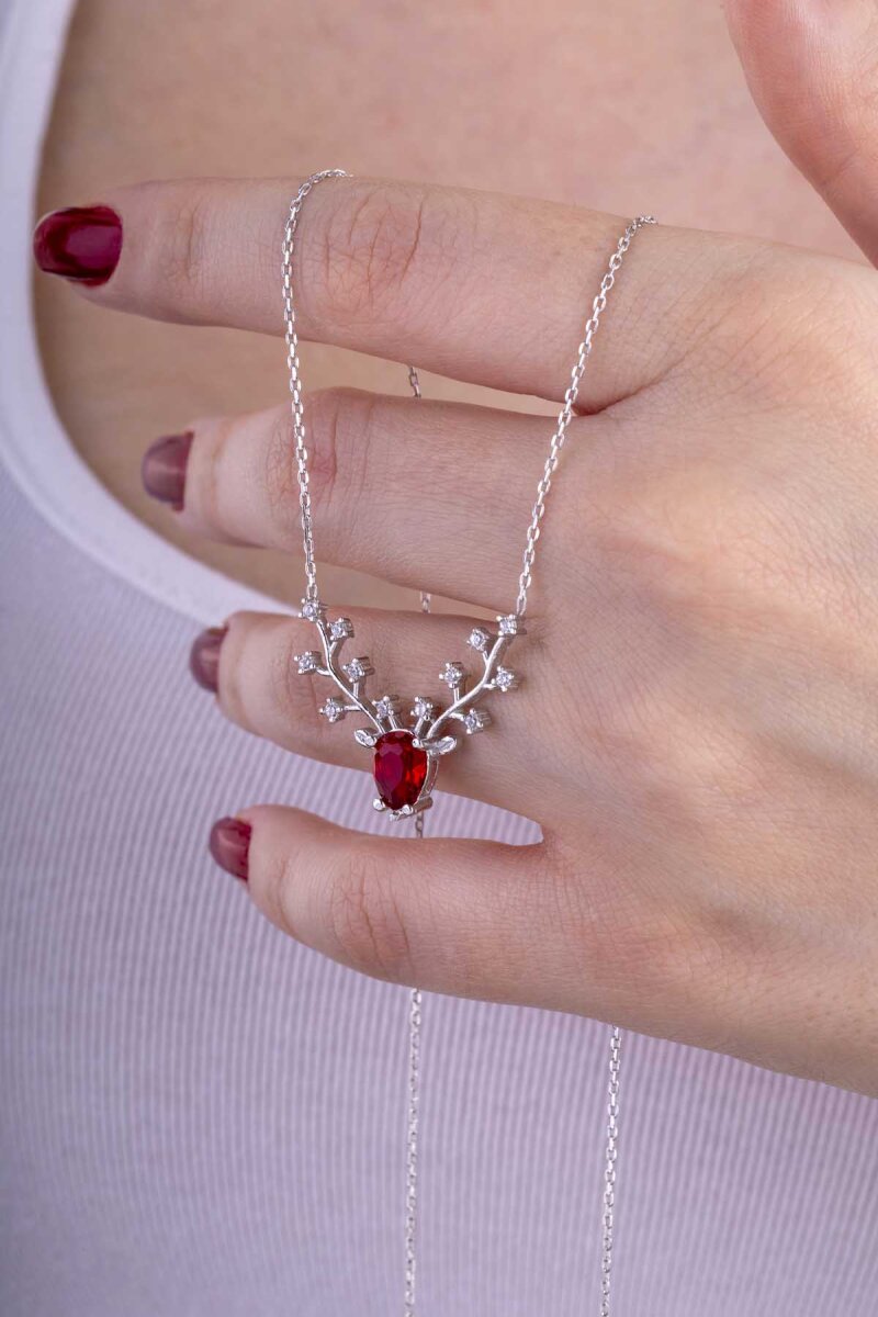 Yakut Renkli Tasarım Gümüş Kolye - 2