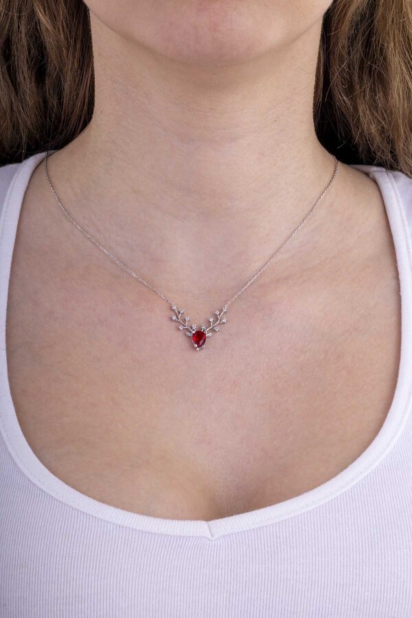 Yakut Renkli Tasarım Gümüş Kolye - Gümüş Pazarım