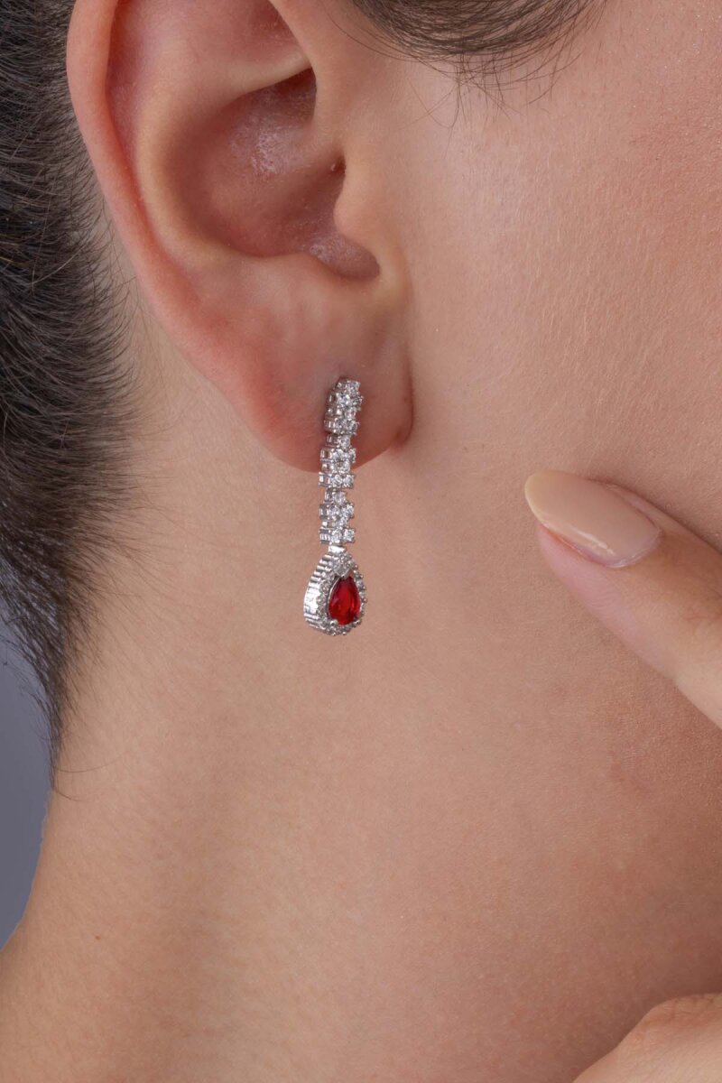 Yakut Taşlı Damla Motifli Rodyum Kaplama Gümüş Küpe - 2