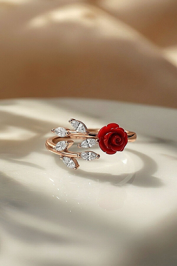 Yaprak Geçişli Kırmızı Gül 925 Ayar Gümüş Kadın Yüzük - Gümüş Pazarım