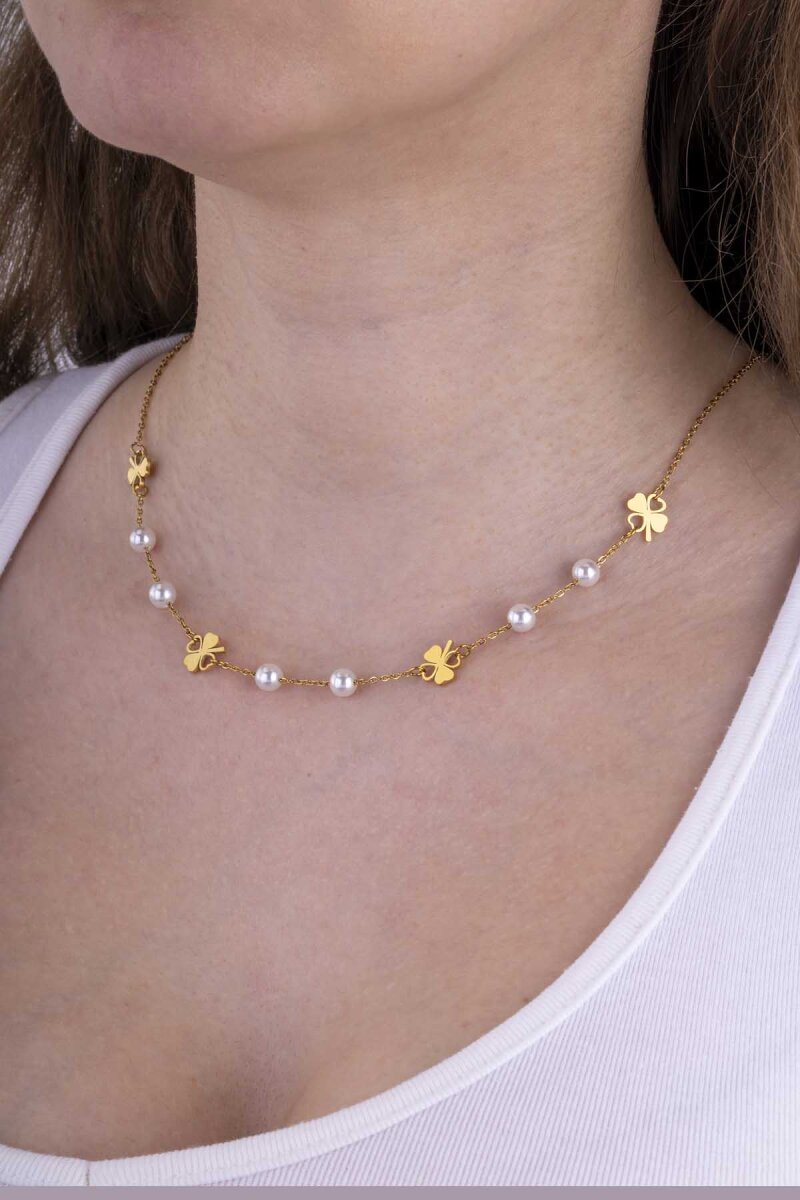 Yonca Geçişli İnci Model Altın Kaplama Çelik Kadın Kolye - 1