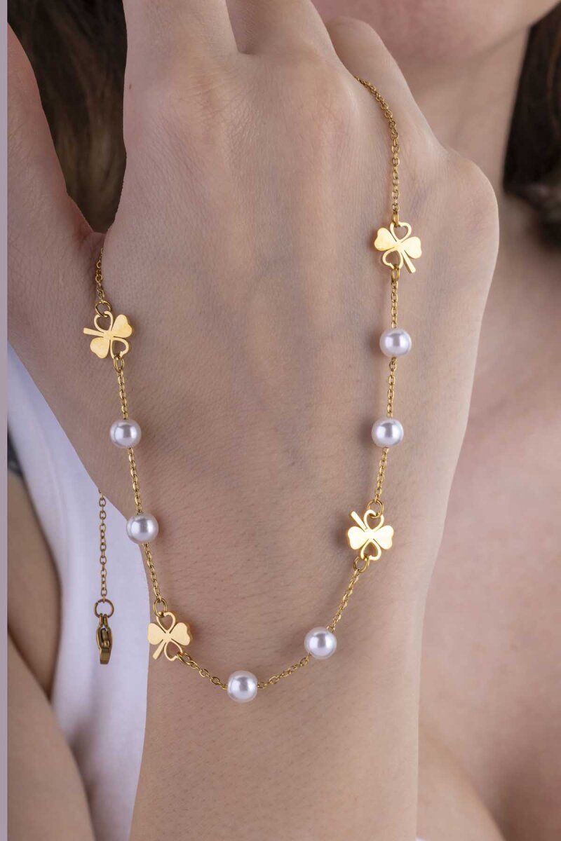 Yonca Geçişli İnci Model Altın Kaplama Çelik Kadın Kolye - 2