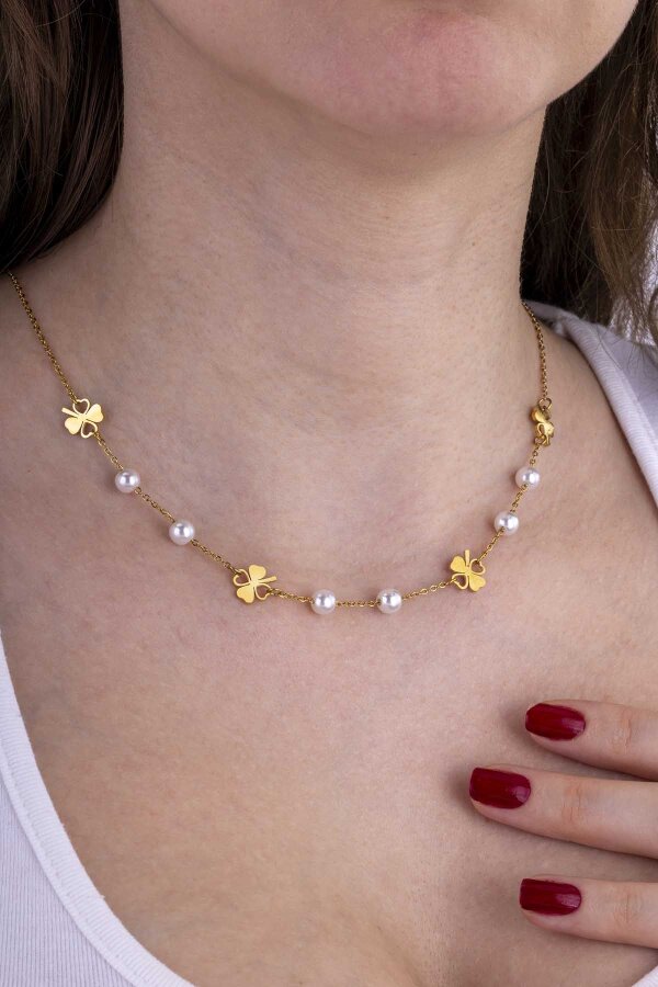 Yonca Geçişli İnci Model Altın Kaplama Çelik Kadın Kolye - Gümüş Pazarım