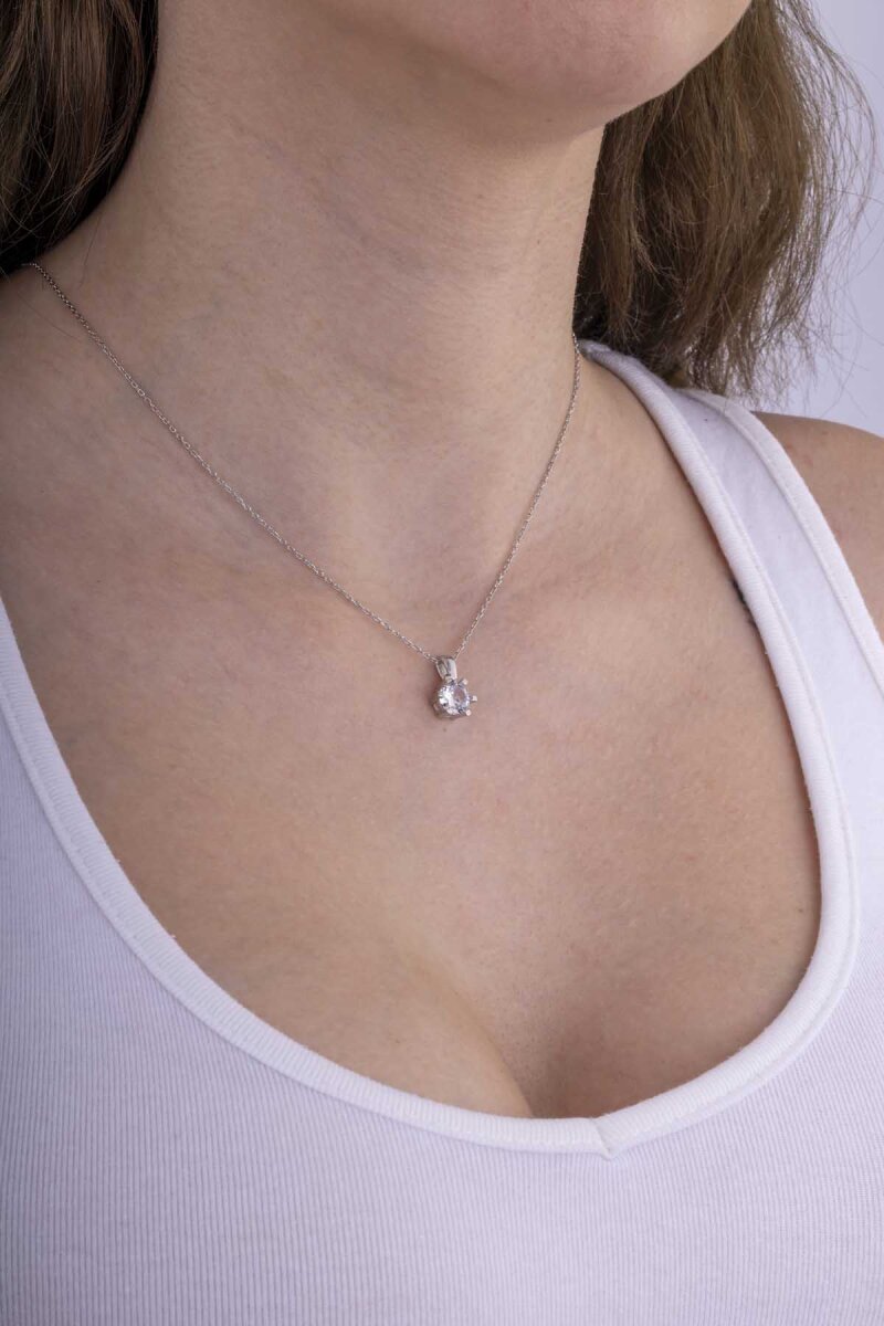 Yuvarlak Kesim 6 Tırnaklı Tektaş Gümüş Kadın Kolye - 3