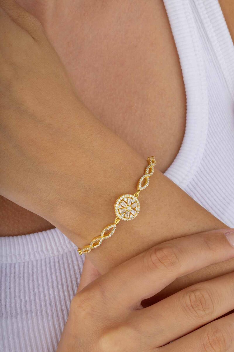 Yuvarlak Kesim Baget Taşlı Altın Kaplama Gümüş Bileklik - 1