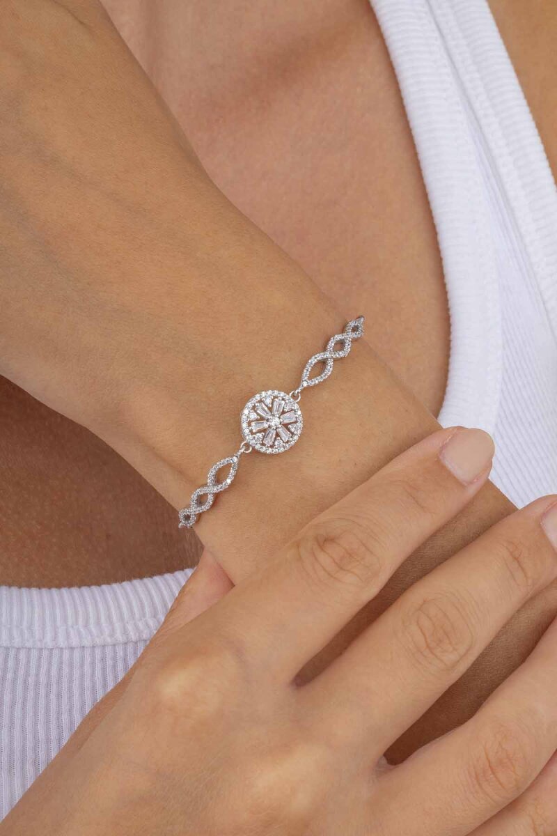 Yuvarlak Kesim Baget Taşlı Gümüş Bileklik - 1