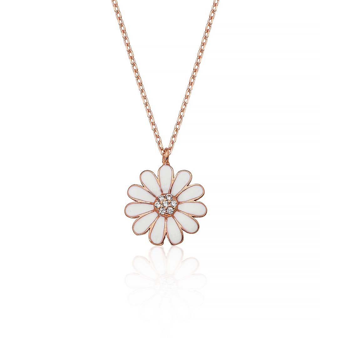 Zircon Stone Daisy Woman Silver Necklace - Thumbnail