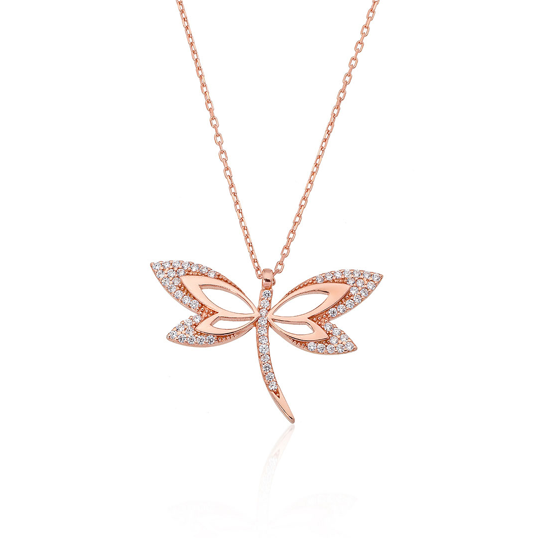 Gümüş Pazarım - Zircon Stone Dragonfly Silver Necklace