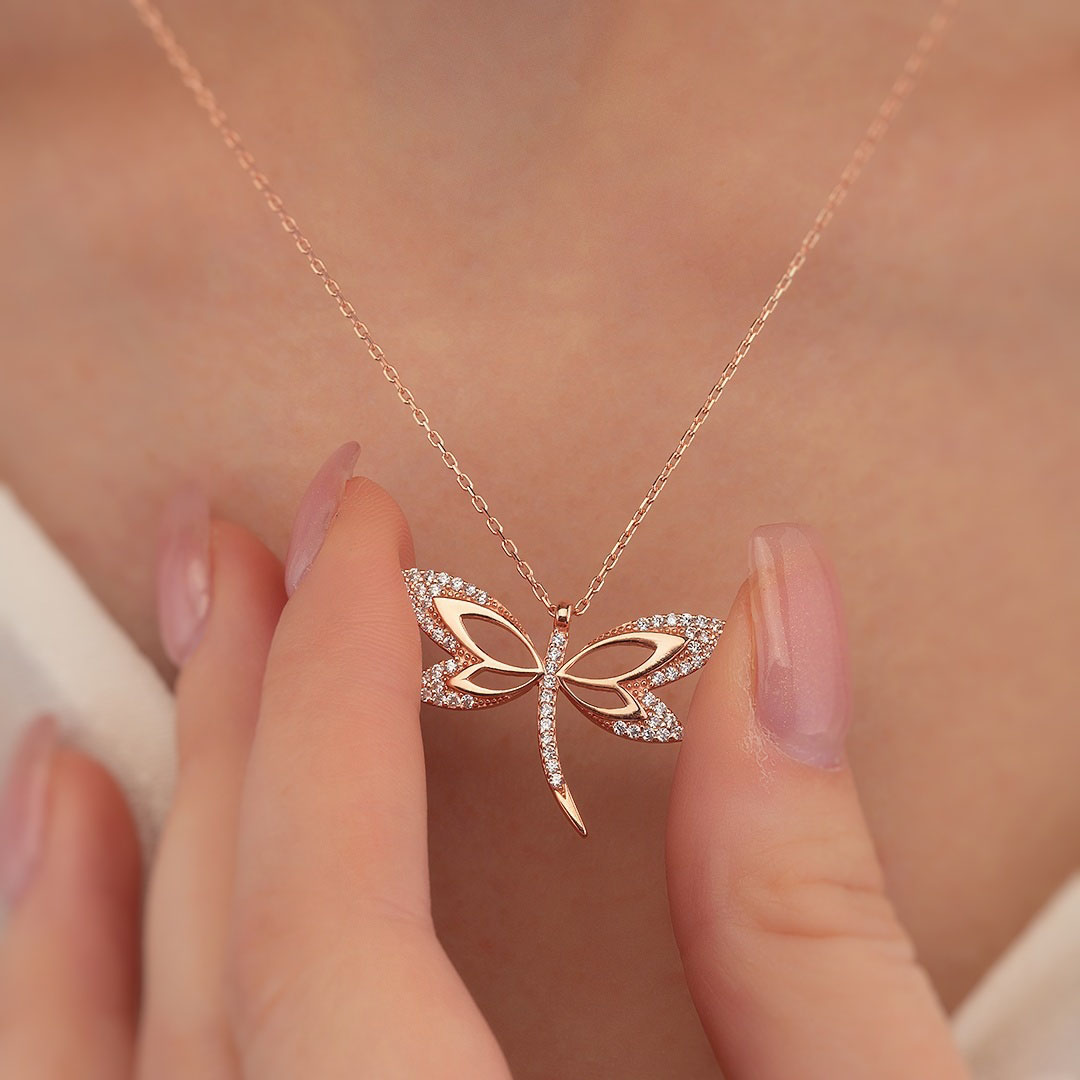 Zircon Stone Dragonfly Silver Necklace - Thumbnail