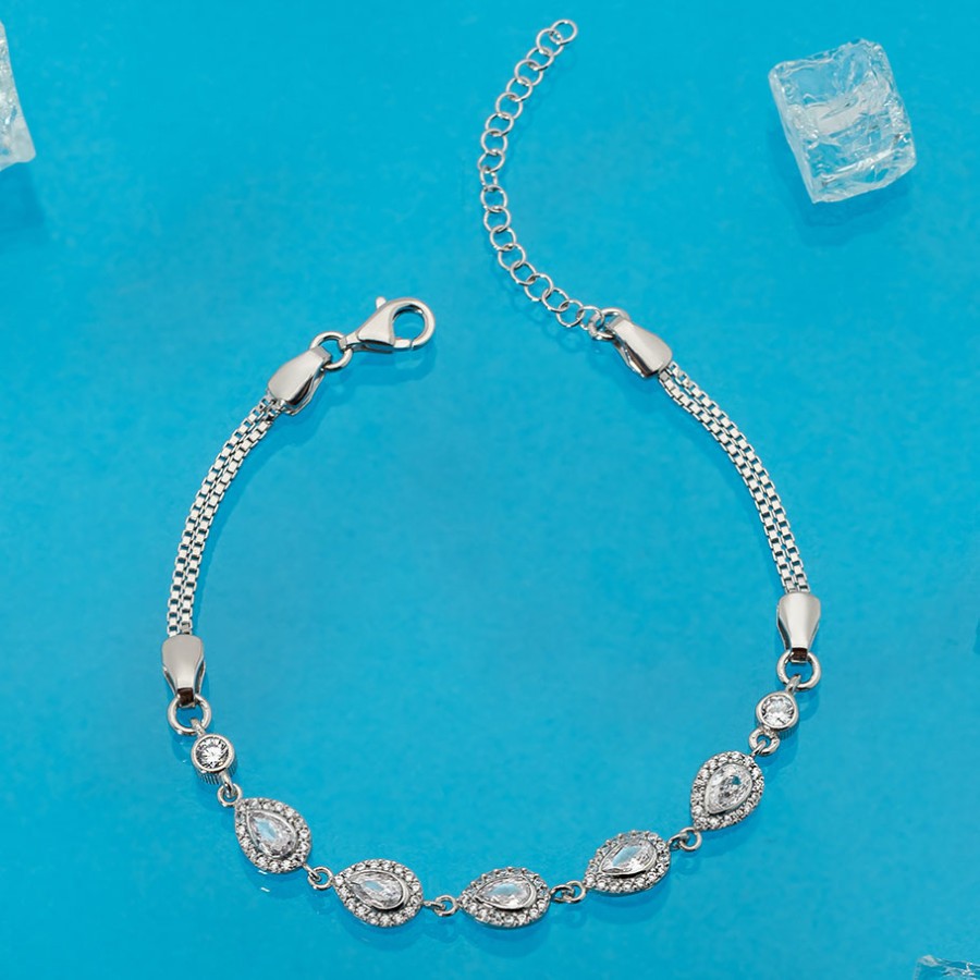 Zircon Stone Drop Cut Silver Bracelet - Thumbnail