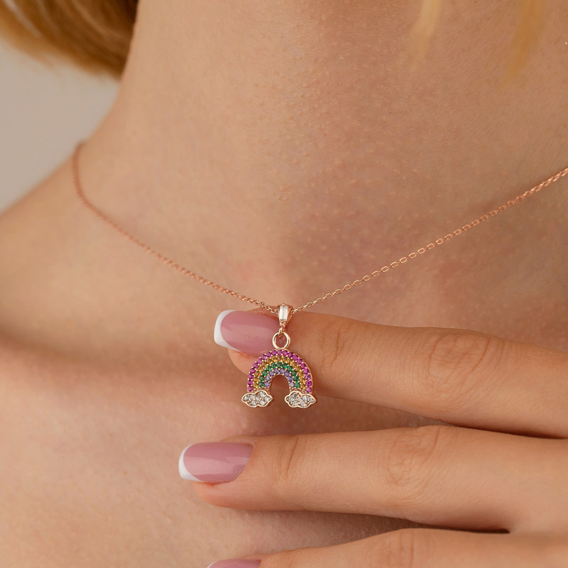Zircon Stone Rainbow Silver Necklace - Thumbnail