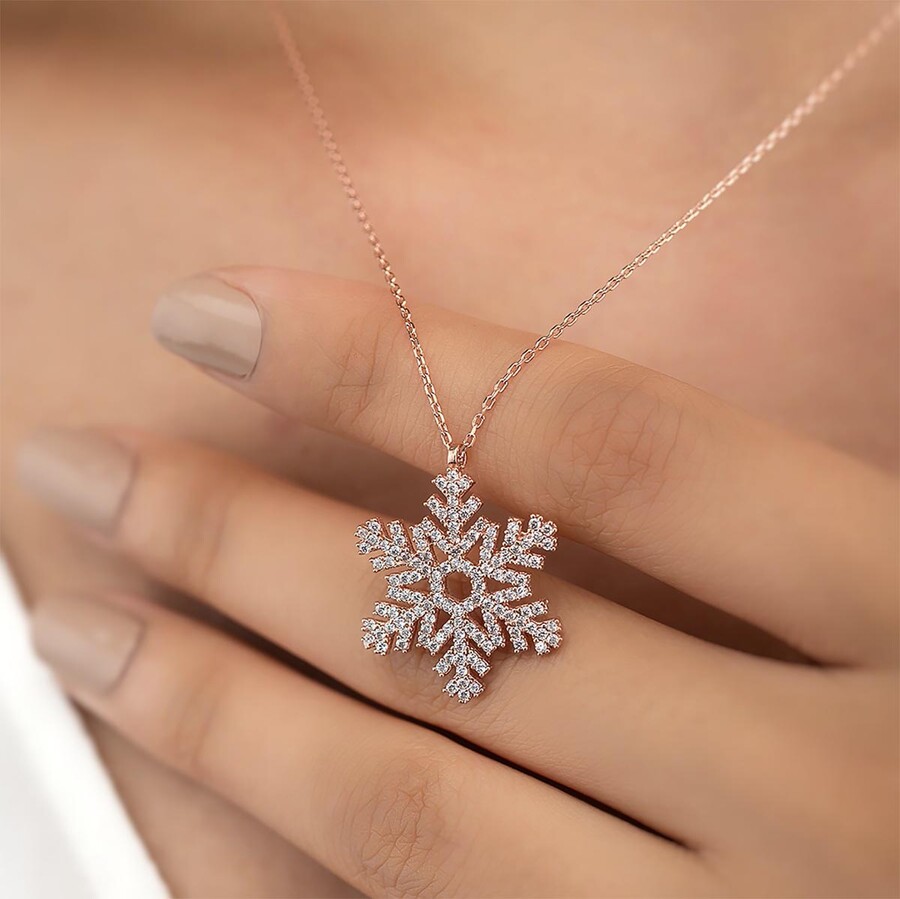 Gümüş Pazarım - Zircon Stone Snowflake Motif Silver Necklace (1)