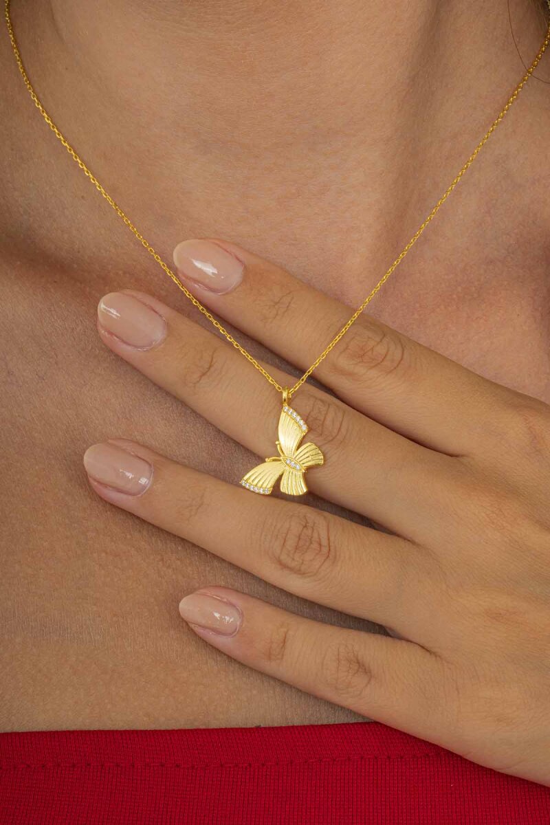 Zirkon Taşlı Altın Kaplama 925 Ayar Gümüş Kolye - 1