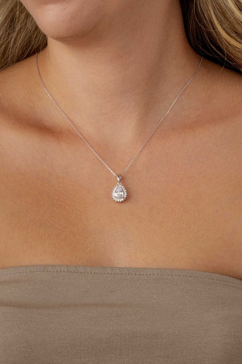 Zirkon Taşlı Damla Kesim Gümüş Kolye - 2