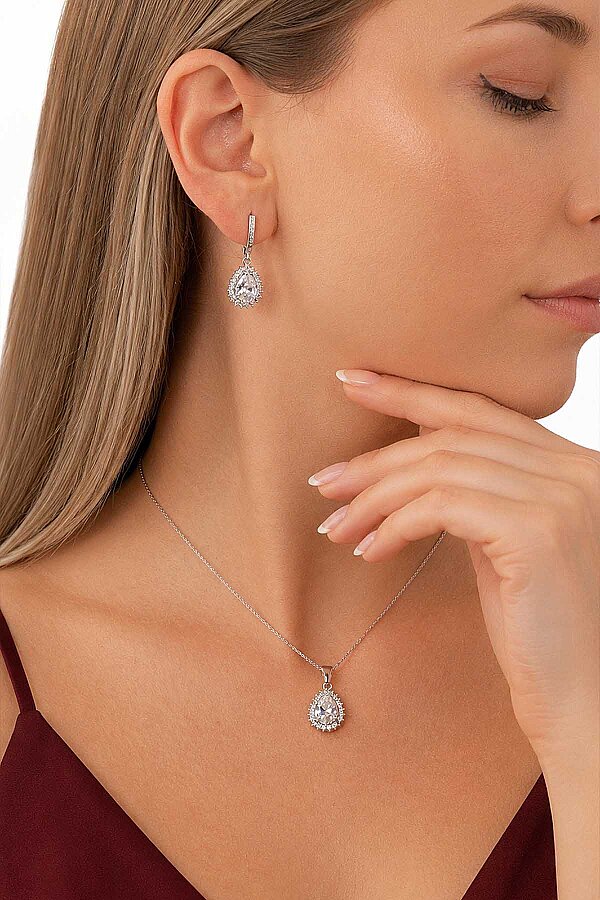 Zirkon Taşlı Damla Kesim Gümüş Set - Gümüş Pazarım