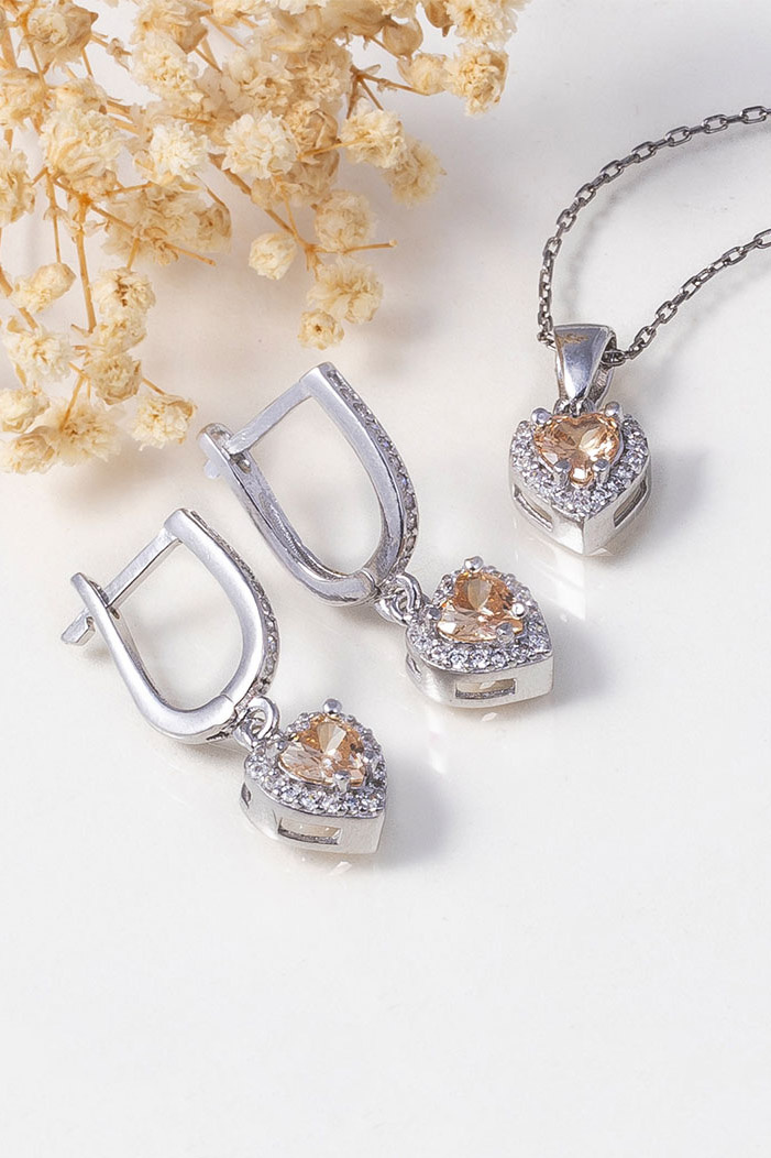 Zultanit Taşlı Kalp Gümüş Set - 1