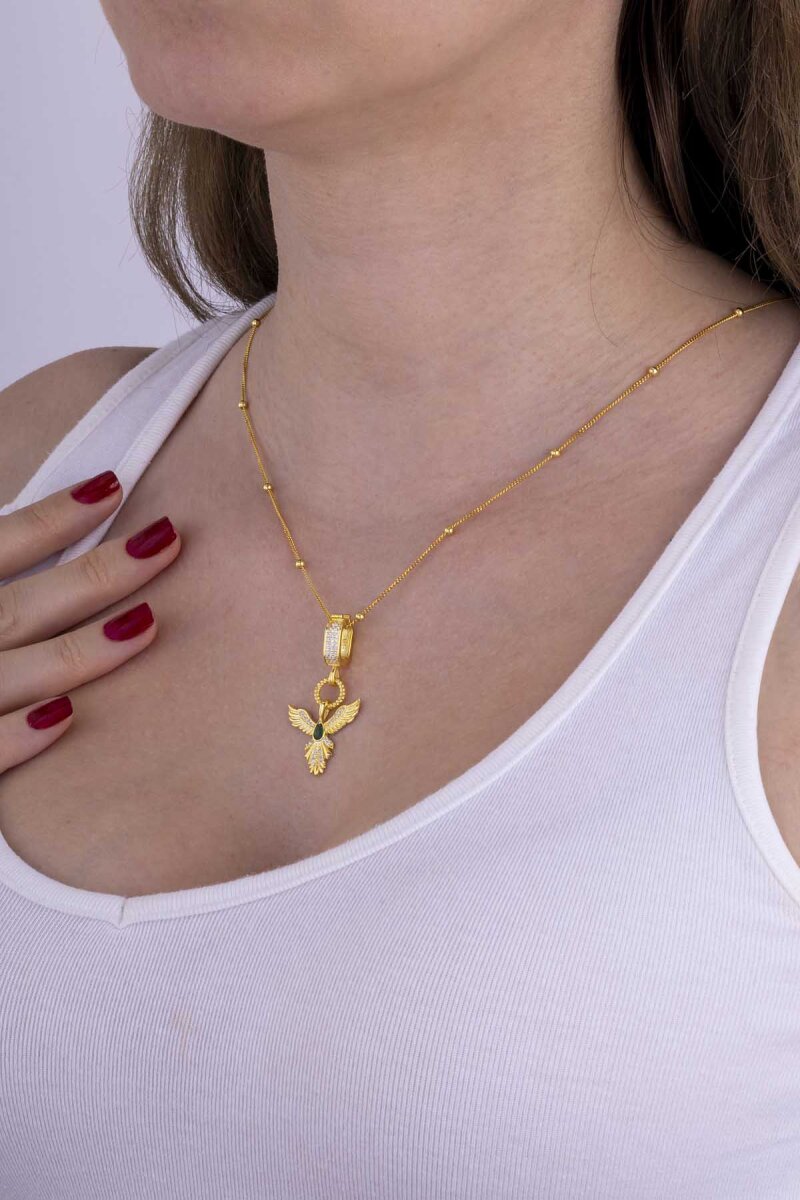 Zümrüt Taşlı Altın Kaplama Anka Kuşu 925 Ayar Gümüş Kolye - 2