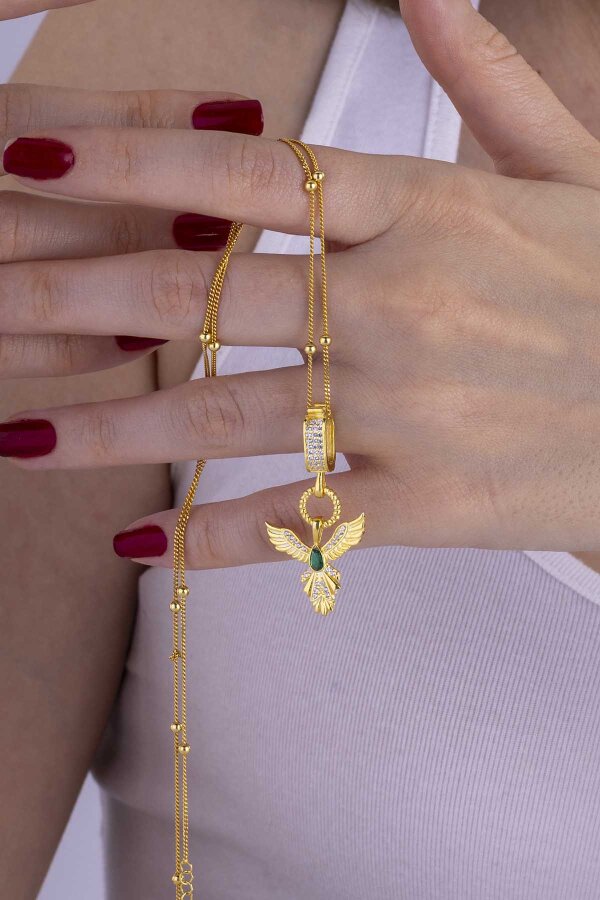 Zümrüt Taşlı Altın Kaplama Anka Kuşu 925 Ayar Gümüş Kolye - Gümüş Pazarım