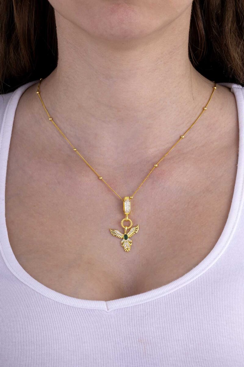 Zümrüt Taşlı Altın Kaplama Anka Kuşu 925 Ayar Gümüş Kolye - 3