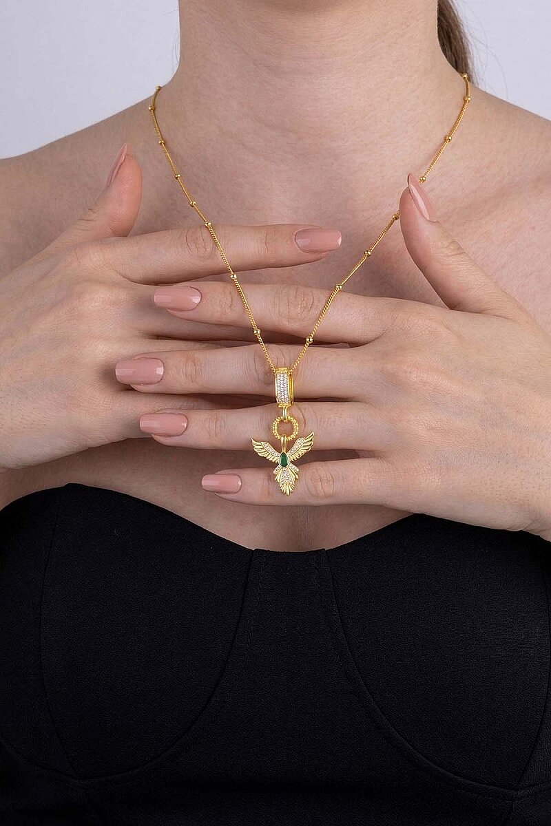 Zümrüt Taşlı Altın Kaplama Anka Kuşu 925 Ayar Gümüş Kolye - 2