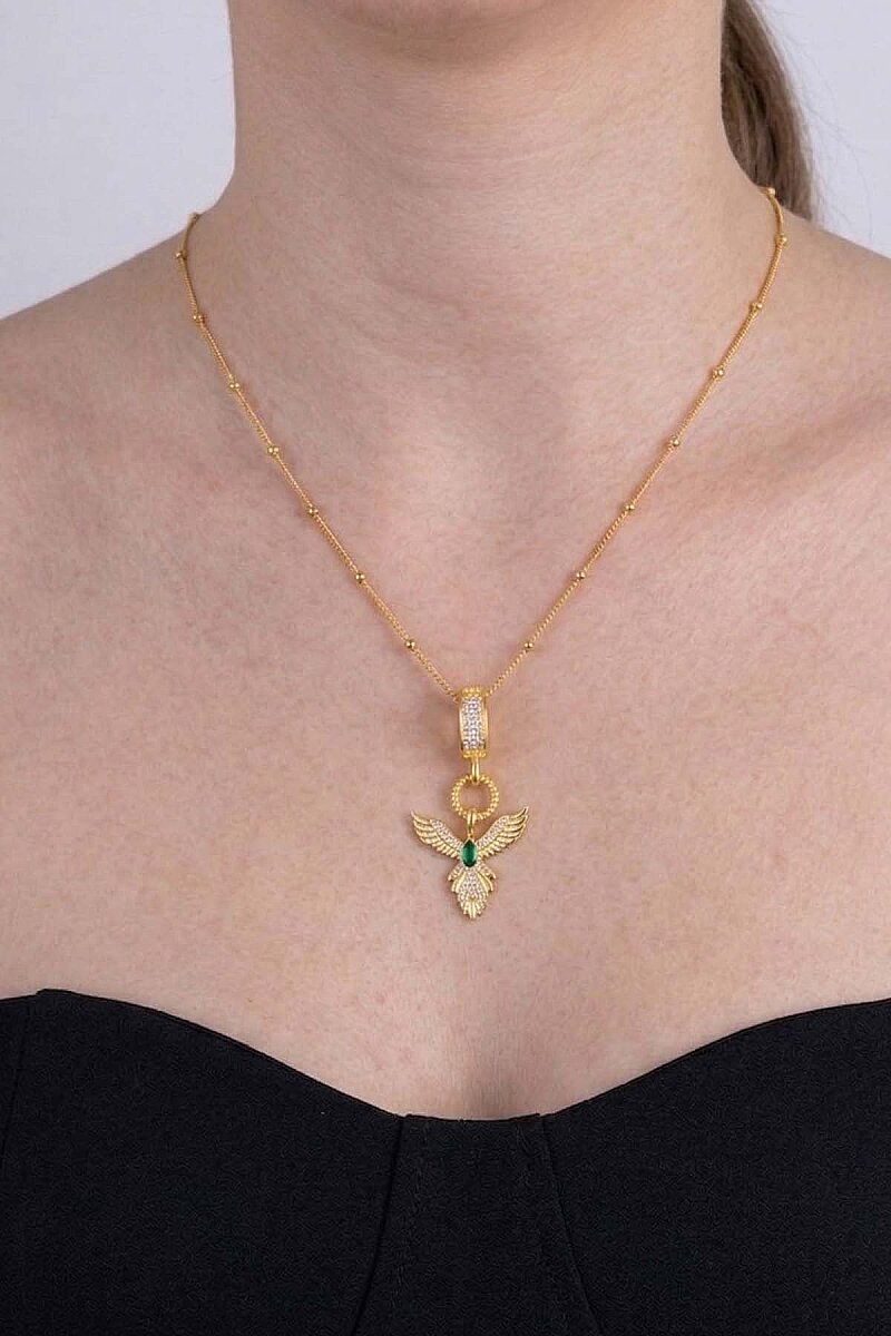 Zümrüt Taşlı Altın Kaplama Anka Kuşu 925 Ayar Gümüş Kolye - 3