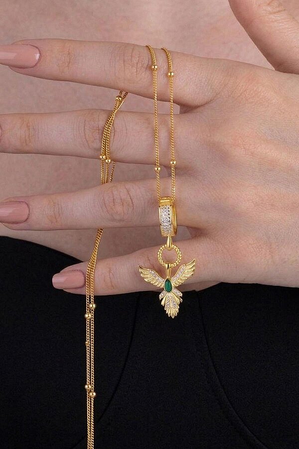 Zümrüt Taşlı Altın Kaplama Anka Kuşu 925 Ayar Gümüş Kolye - Gümüş Pazarım