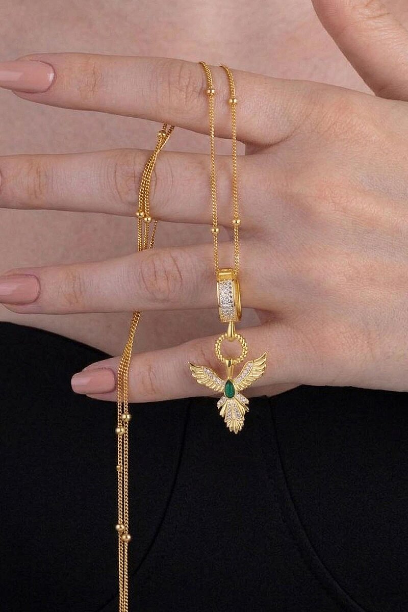 Zümrüt Taşlı Altın Kaplama Anka Kuşu 925 Ayar Gümüş Kolye - 1