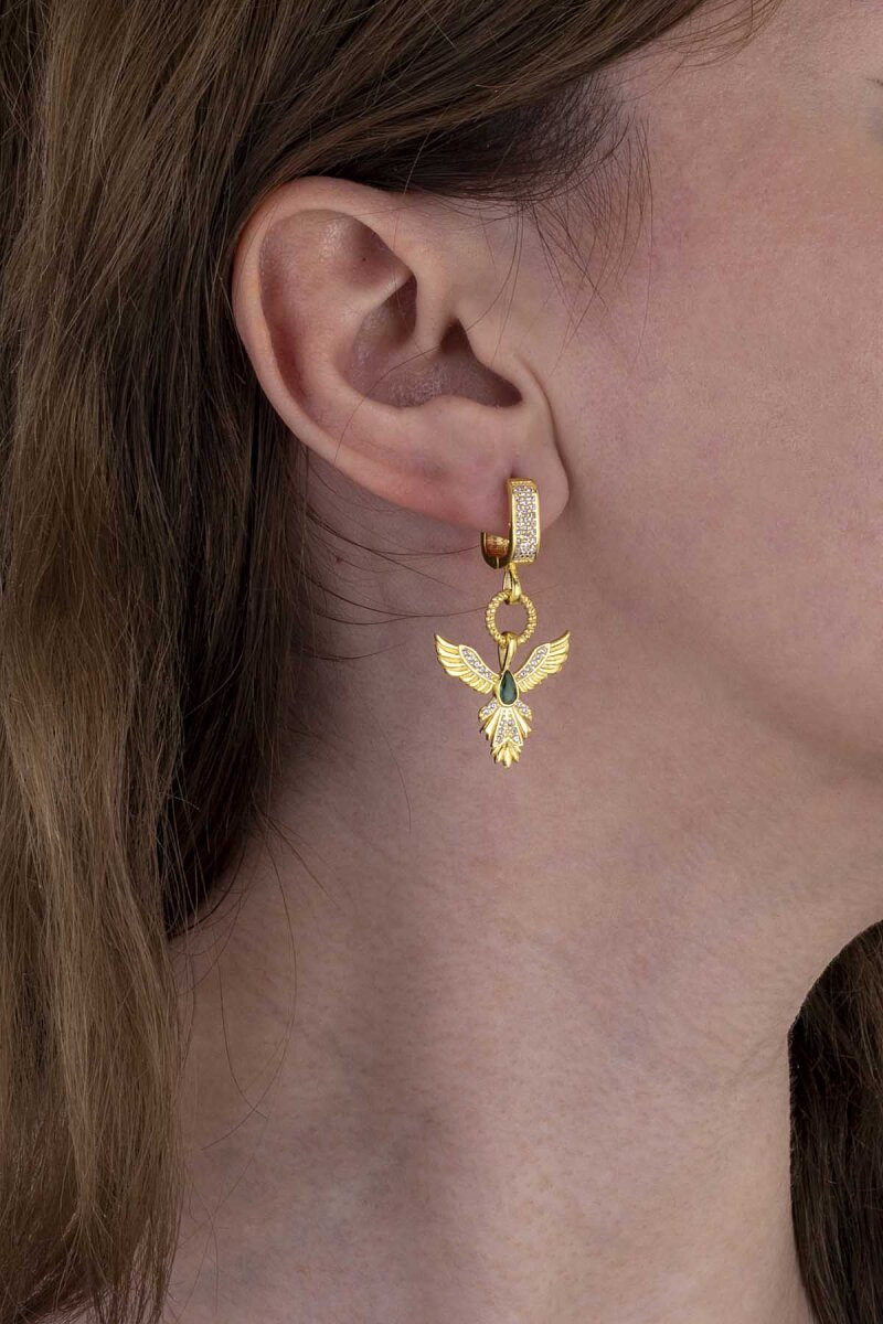 Zümrüt Taşlı Altın Kaplama Anka Kuşu 925 Ayar Gümüş Küpe - 3