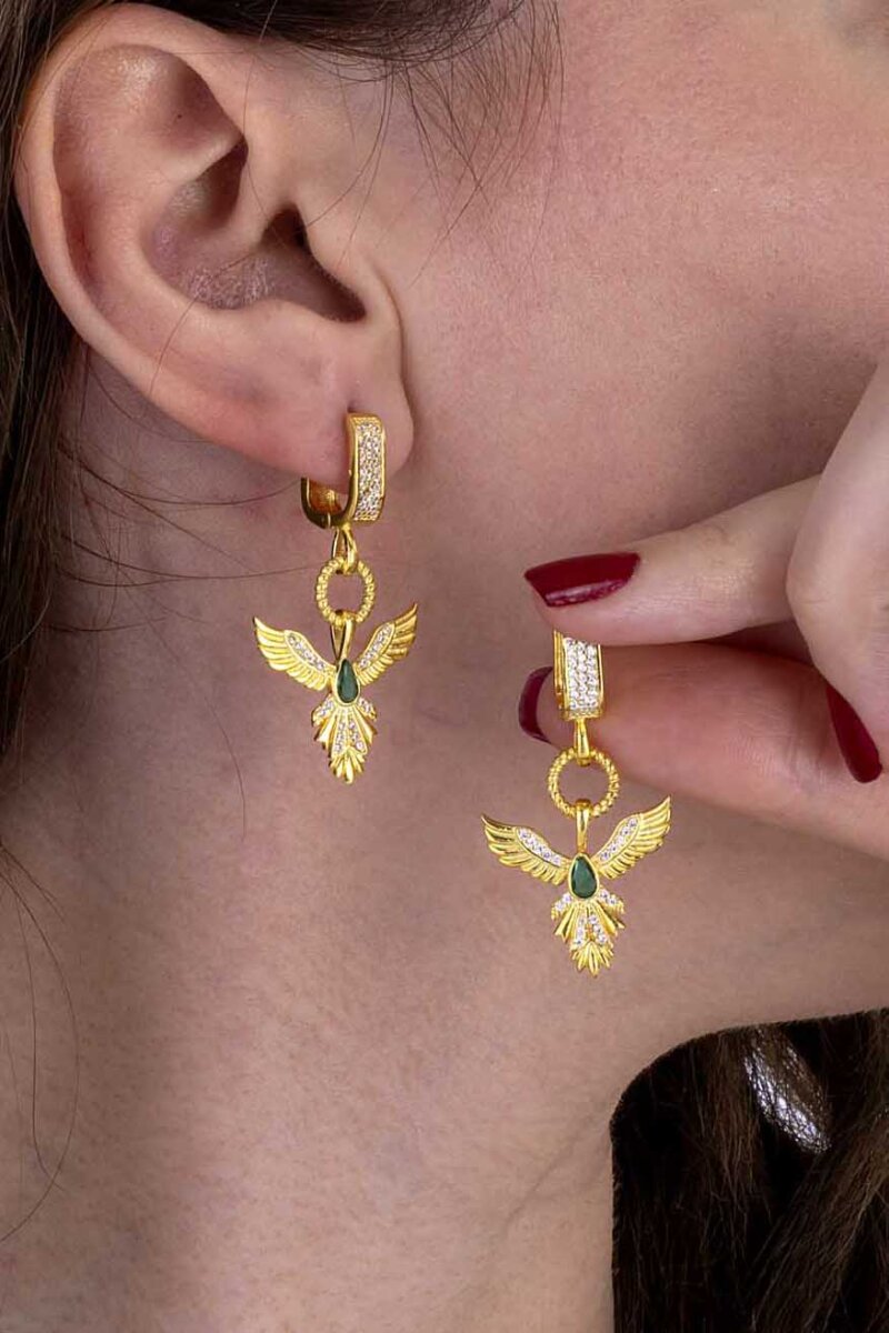 Zümrüt Taşlı Altın Kaplama Anka Kuşu 925 Ayar Gümüş Küpe - 1