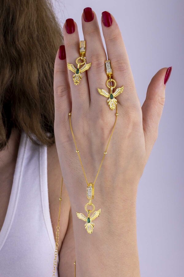 Zümrüt Taşlı Altın Kaplama Anka Kuşu 925 Ayar Gümüş Set - Gümüş Pazarım
