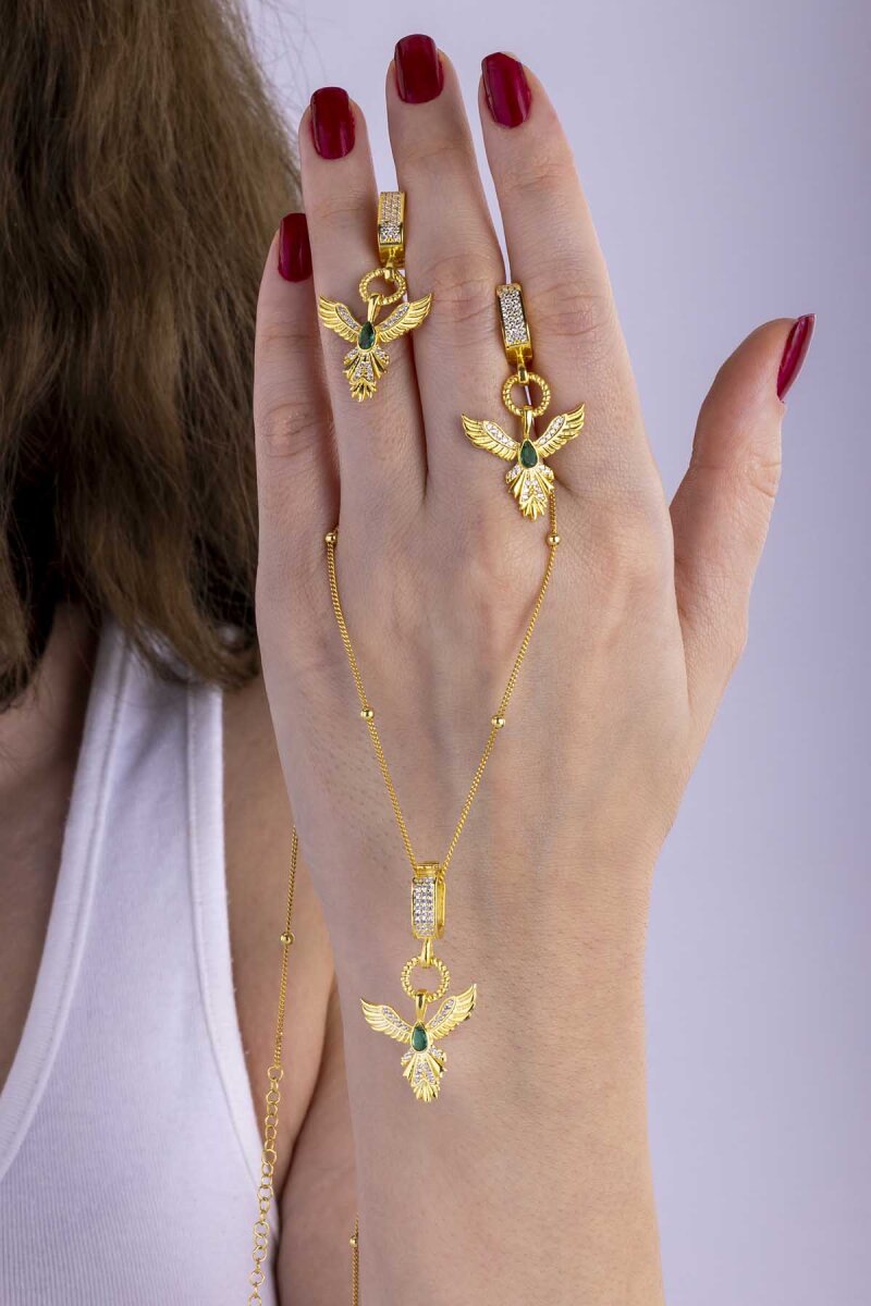 Zümrüt Taşlı Altın Kaplama Anka Kuşu 925 Ayar Gümüş Set - 2