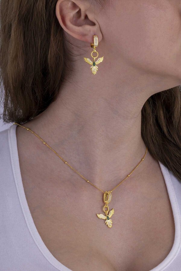 Zümrüt Taşlı Altın Kaplama Anka Kuşu 925 Ayar Gümüş Set - Gümüş Pazarım