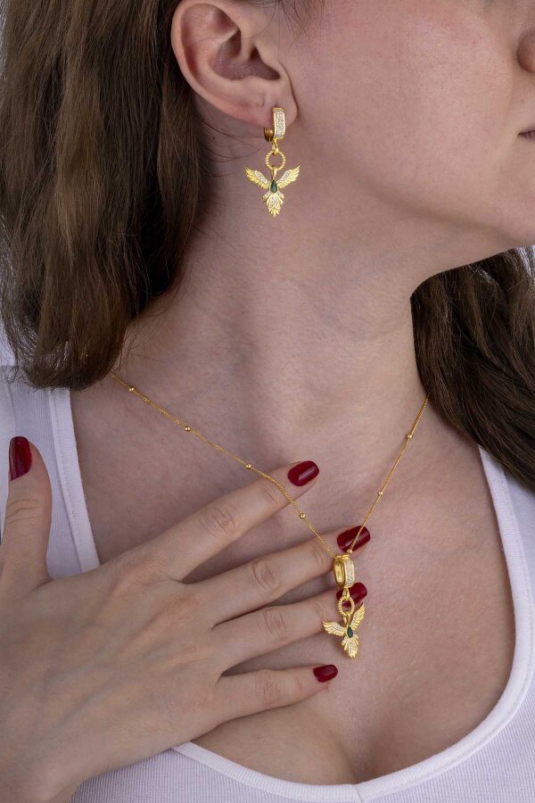 Zümrüt Taşlı Altın Kaplama Anka Kuşu 925 Ayar Gümüş Set - Gümüş Pazarım