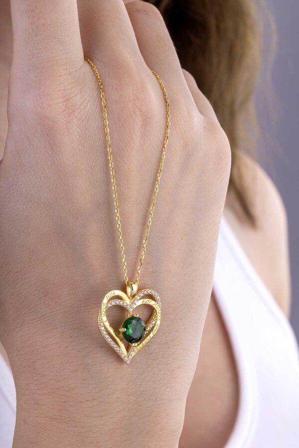 Zümrüt Taşlı Altın Kaplama Kalp Gümüş Kolye - Gümüş Pazarım