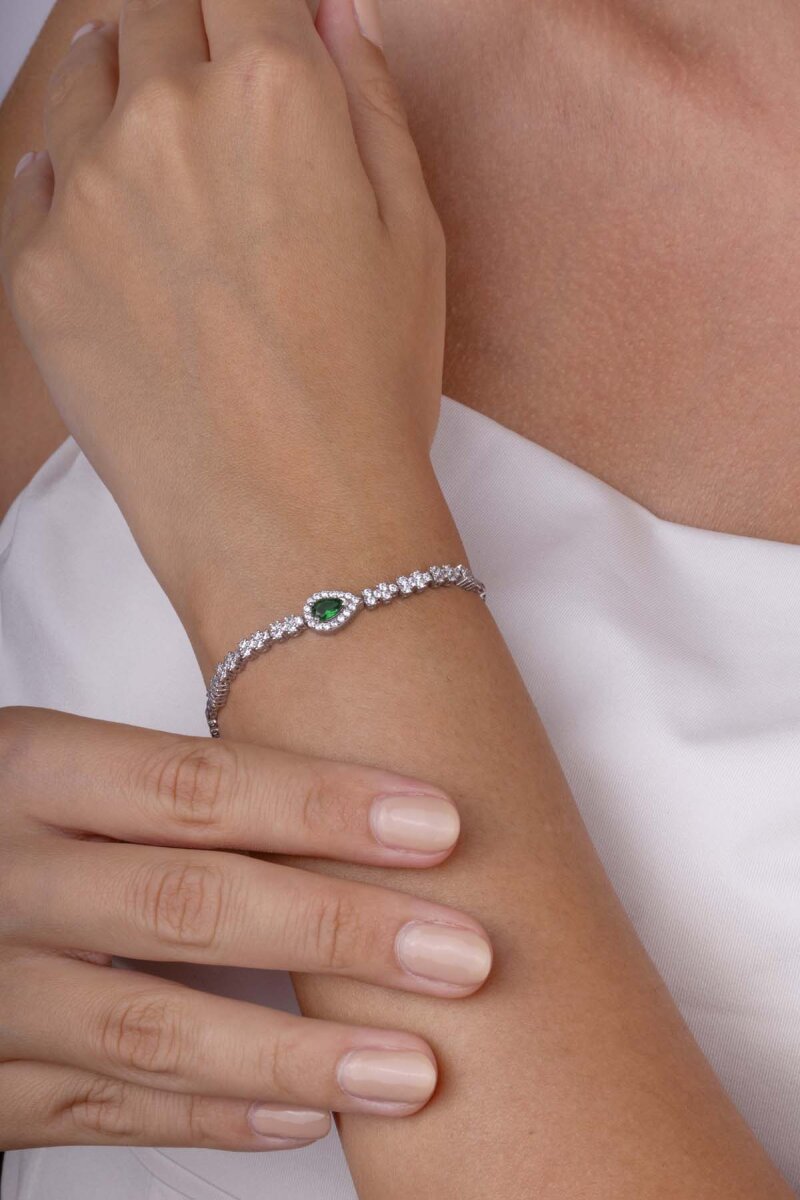 Zümrüt Taşlı Damla Motifli Rodyum Kaplama Gümüş Bileklik - 1