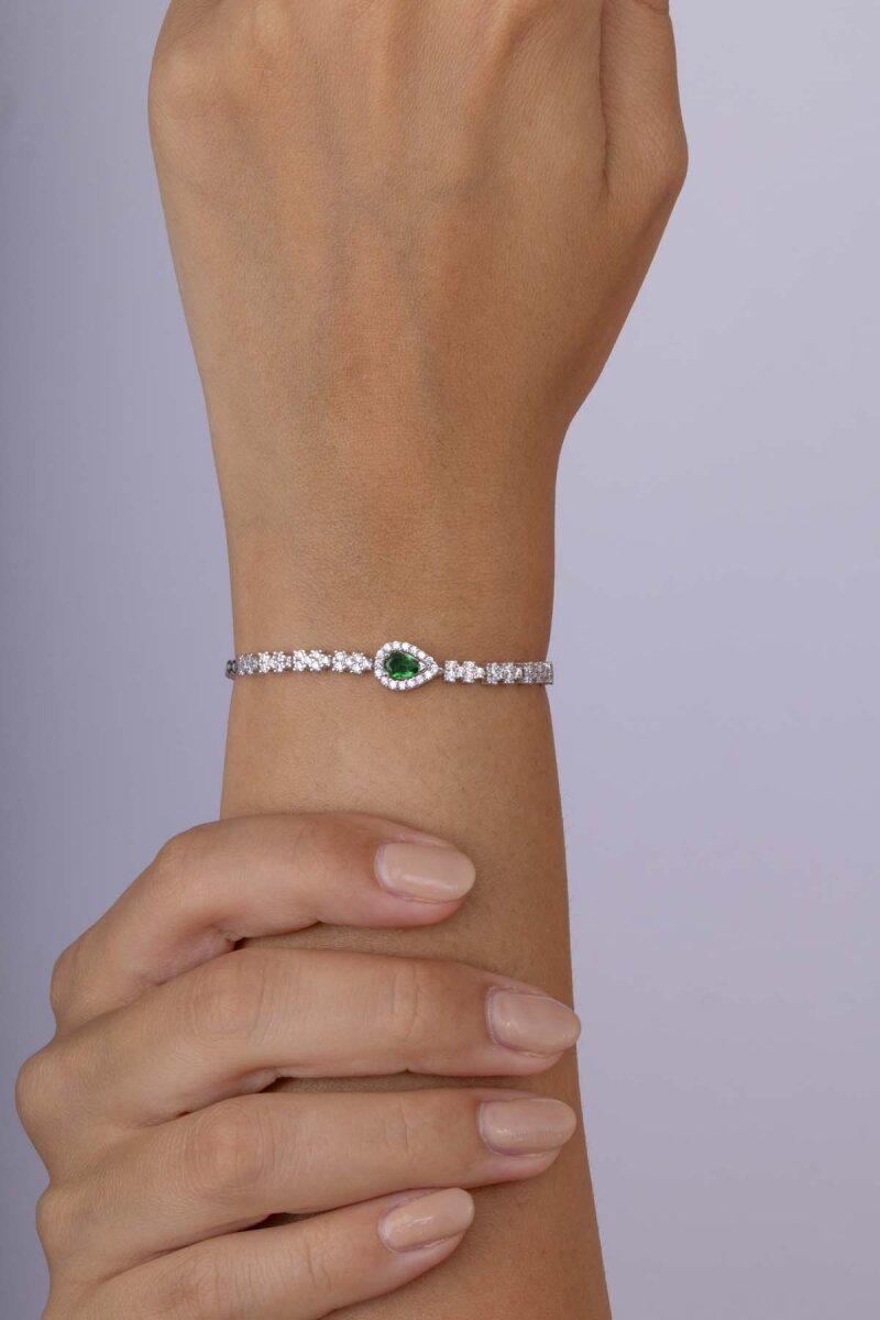 Zümrüt Taşlı Damla Motifli Rodyum Kaplama Gümüş Bileklik - 2