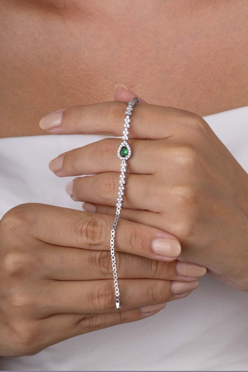 Zümrüt Taşlı Damla Motifli Rodyum Kaplama Gümüş Bileklik - 3